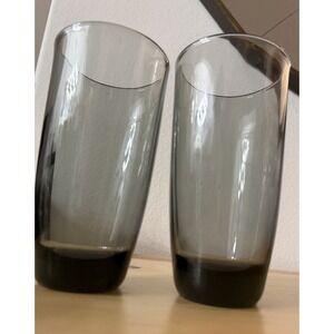 VINTAGE Stamped CRISA Smokey Gray Heavy Bottom TALL DESIGNED GLASSES SET OF 2